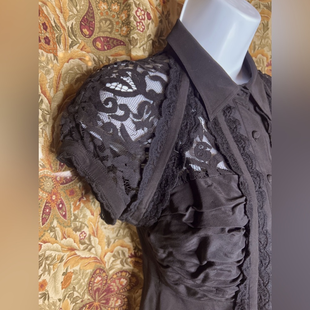 Vintage Bebe Silk Button Up Blouse w/Sheer Lace Burlesque Retro Pinup Goth XS - Picture 6 of 11